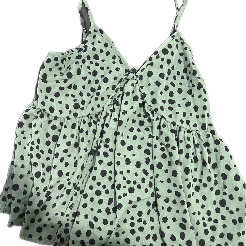 Green Camisole with Tiered Tie Front and Black Spots